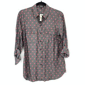 Express The City Shirt Womens Sz M Gray Red Polka Dot Print Button Front NEW